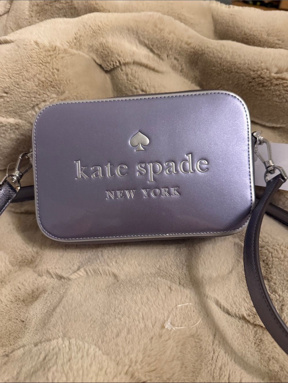 kate spade Metallic Lavender Crossbody Camera Bag with Silver Logo